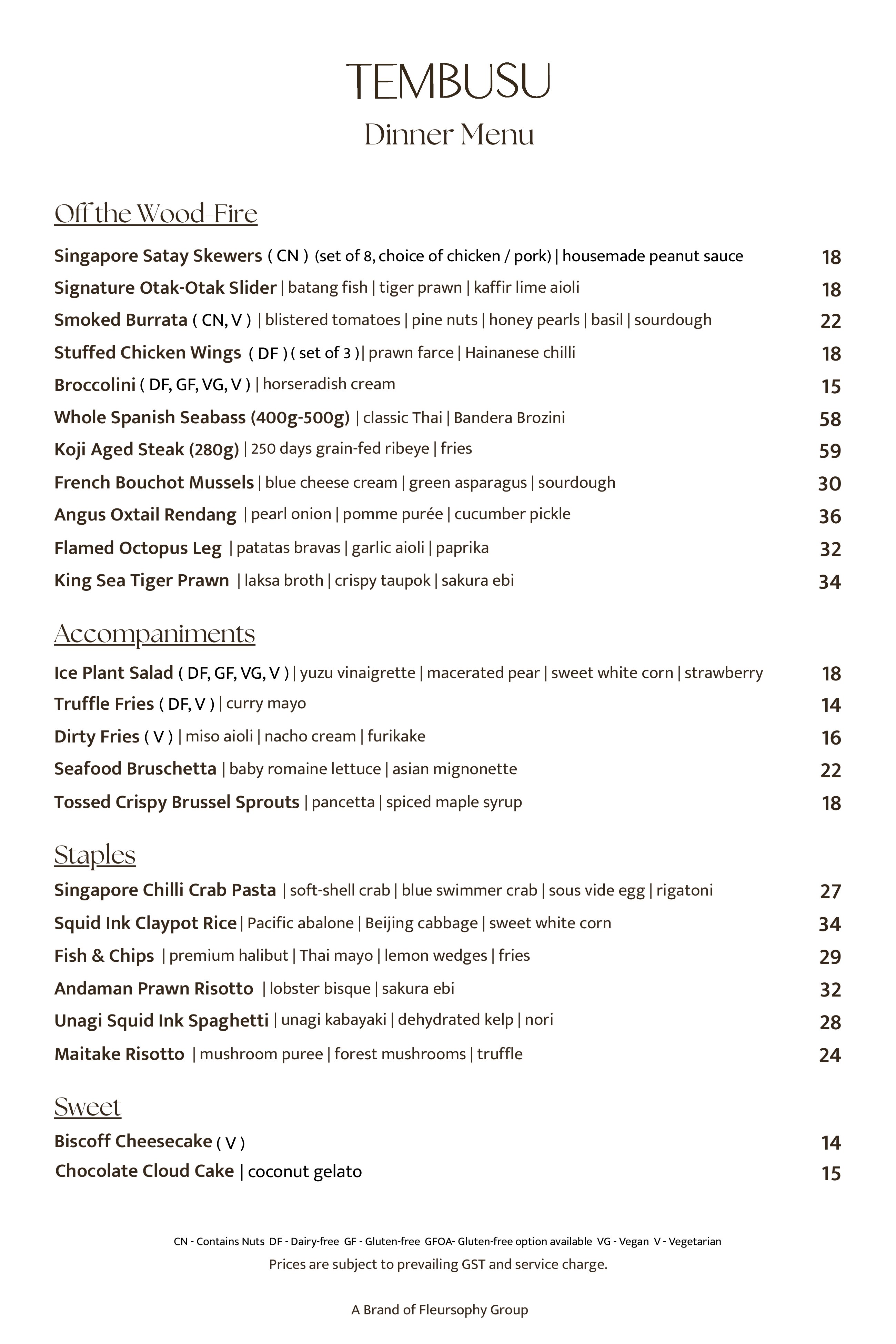 Tembusu Dinner Menu — Off the Wood-Fire, Accompaniments, Staples, Sweet