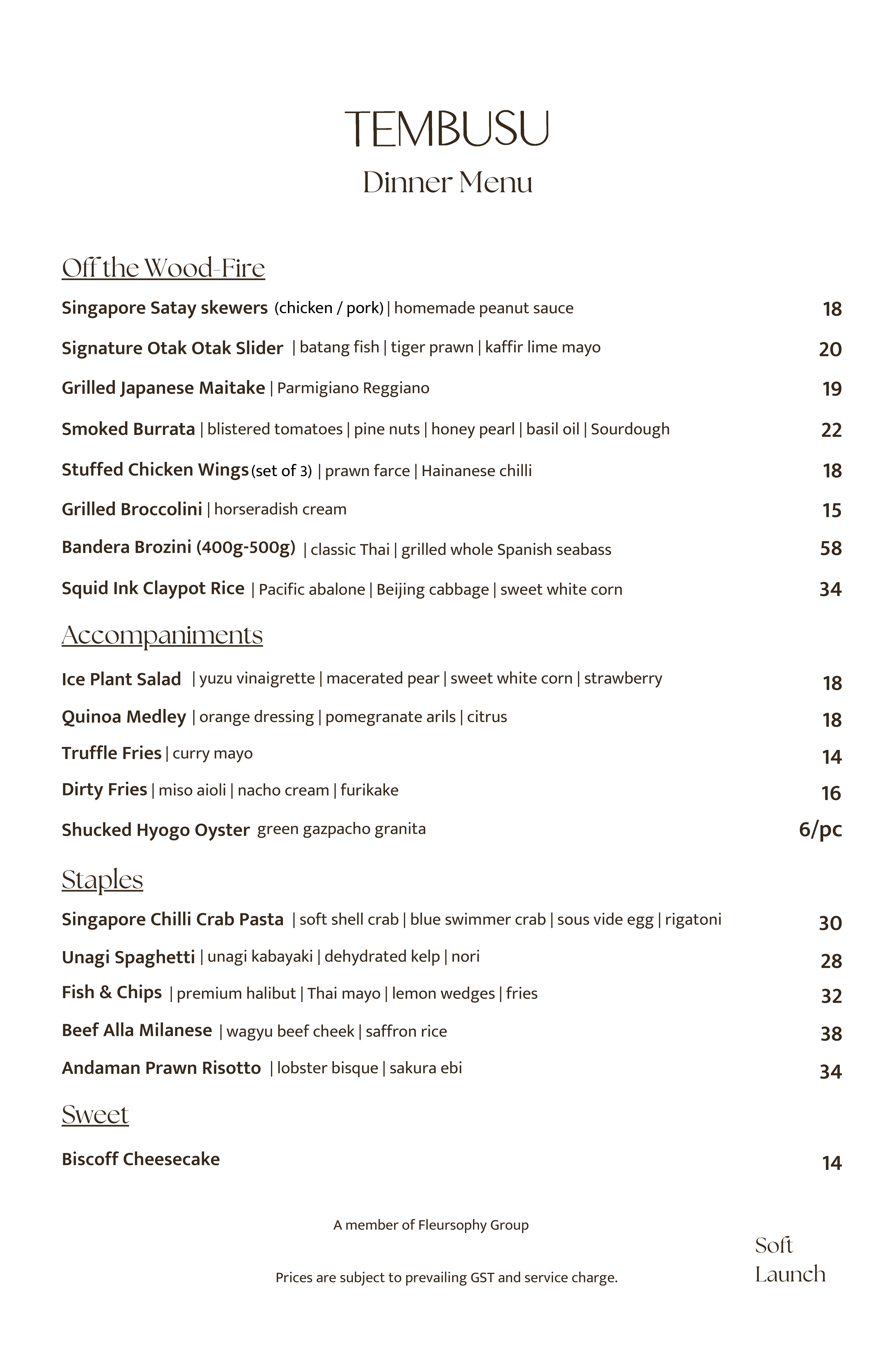 Tembusu Dinner Menu — Off the Wood-Fire, Accompaniments, Staples, Sweet